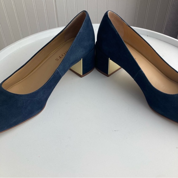 Talbots Indigo Blue Claire Block Heel Pumps Suede Gold Size 6M Women’s Shoes - Picture 12 of 16